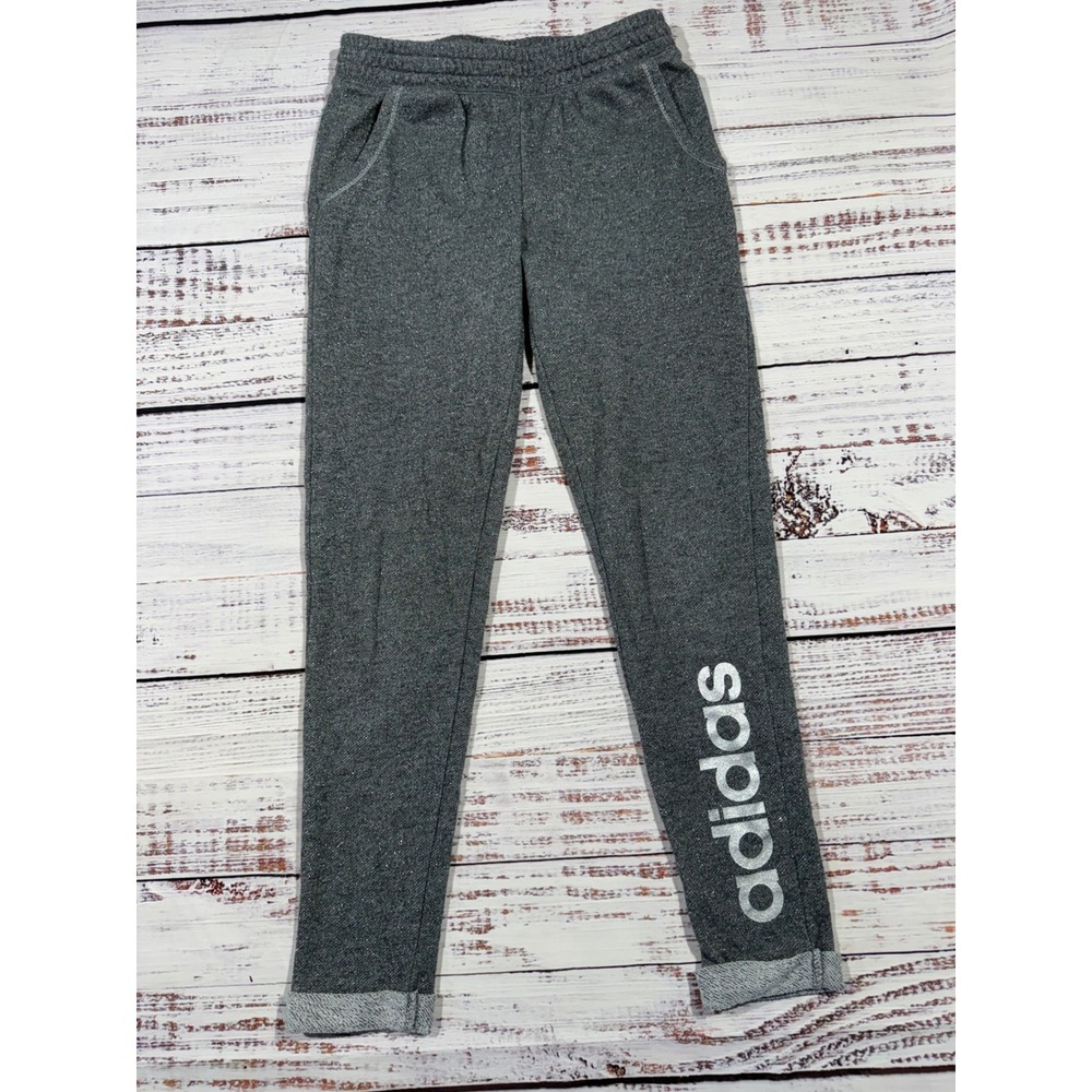 Adidas Girls Gray Metallic Sparkle Joggers Sweatpants Size M 10-12 Logo Pockets